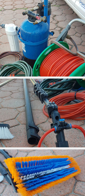 Water fed pole system DI filter system, Telescopic poles and brush photo collage
